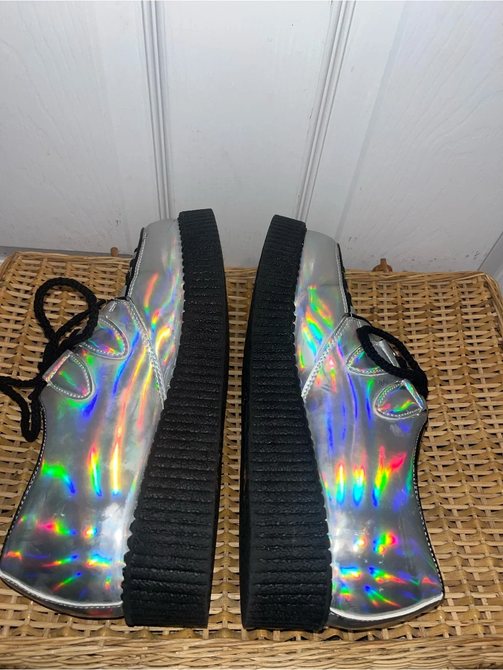 Holographic silver iridescent faux patent creepers